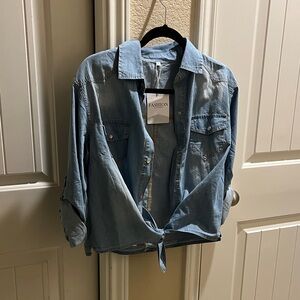 Omoone Women's 3/4 Sleeve Modern Denim Crop Top Tie Knot Shirt Cardigan